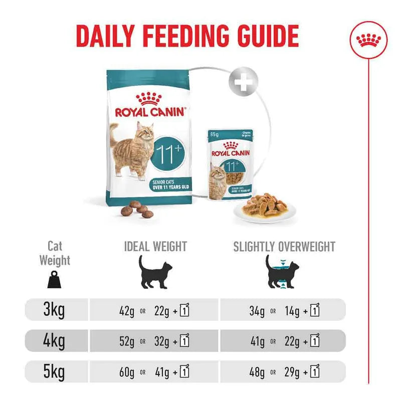 Royal Canin daily feeding guide for cats with weight categories.