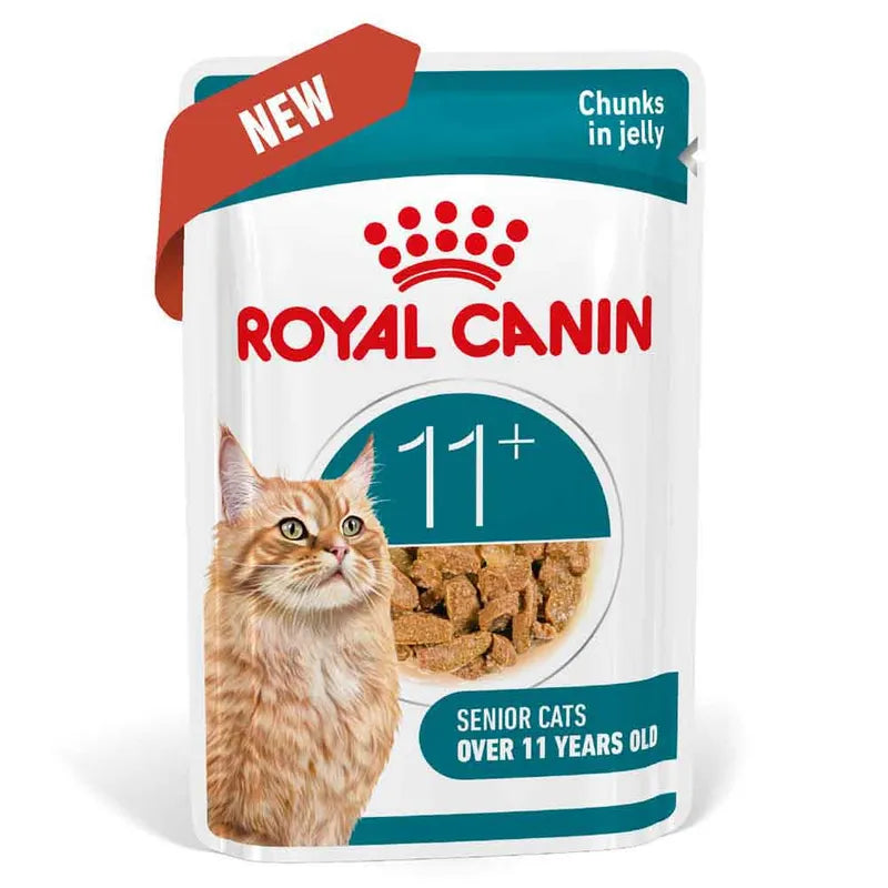 Royal Canin cat food pouch for senior cats over 11 years old on a white background