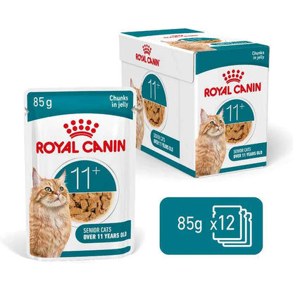 Royal Canin cat food packaging for senior cats over 11 years old on a white background