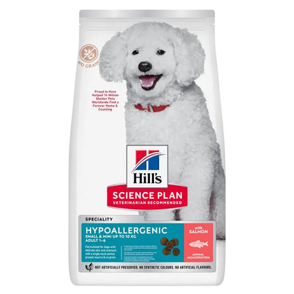 Hills Science Plan dog food package with a white dog on a white background