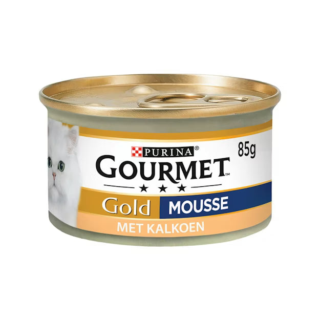 Can of Purina Gourmet Gold Mousse with cat image on label