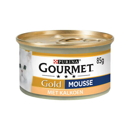 Can of Purina Gourmet Gold Mousse with cat image on label