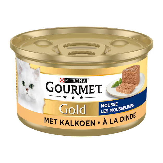 Gourmet Gold cat food can with gold lid on a white background