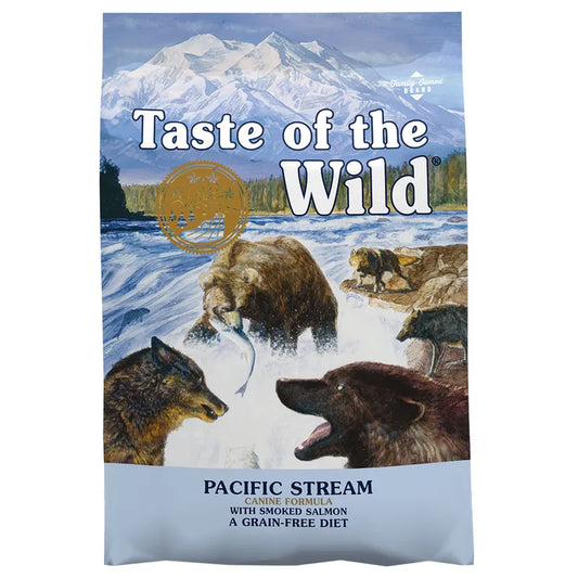 Taste of the Wild Pacific Stream dog food packaging with bears and wolves.