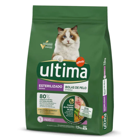 Green bag of Ultima cat food for sterilized cats with a cat on the label.