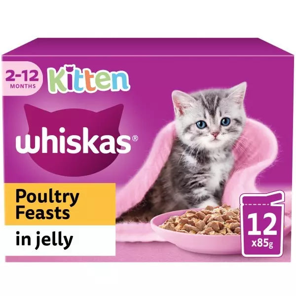 Whiskas Kitten Poultry Feasts in Jelly packaging with a kitten on a pink cushion.