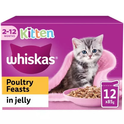 Whiskas Kitten Poultry Feasts in Jelly packaging with a kitten on a pink cushion.