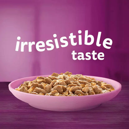 Pink bowl of cereal with 'irresistible taste' text on a purple background