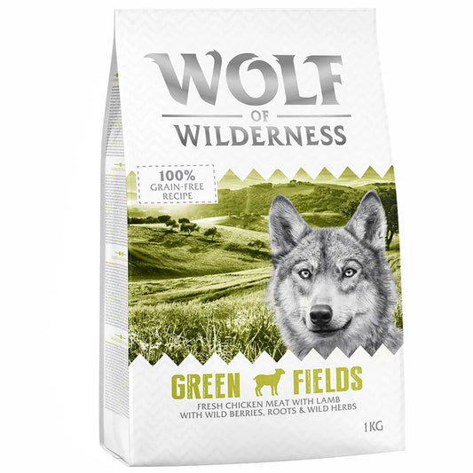 Wolf of Wilderness dog food package with a wolf illustration on a white background