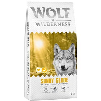 Wolf of Wilderness dog food package with a wolf illustration on a white background